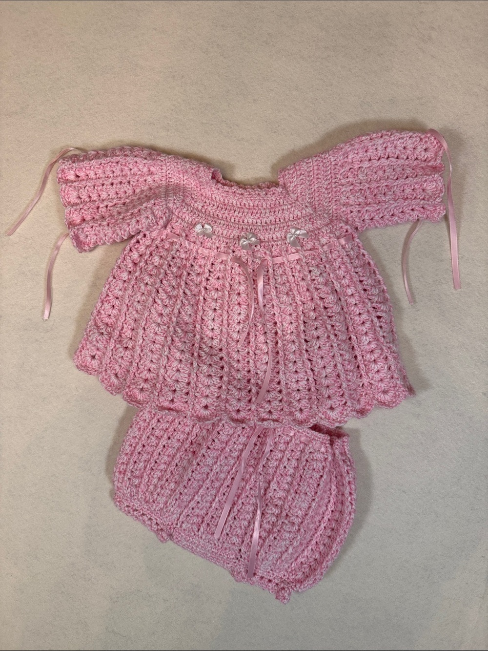 Handmade Pink Crochet Baby Dress & Bloomers Set. NEW one of kind & Unique!